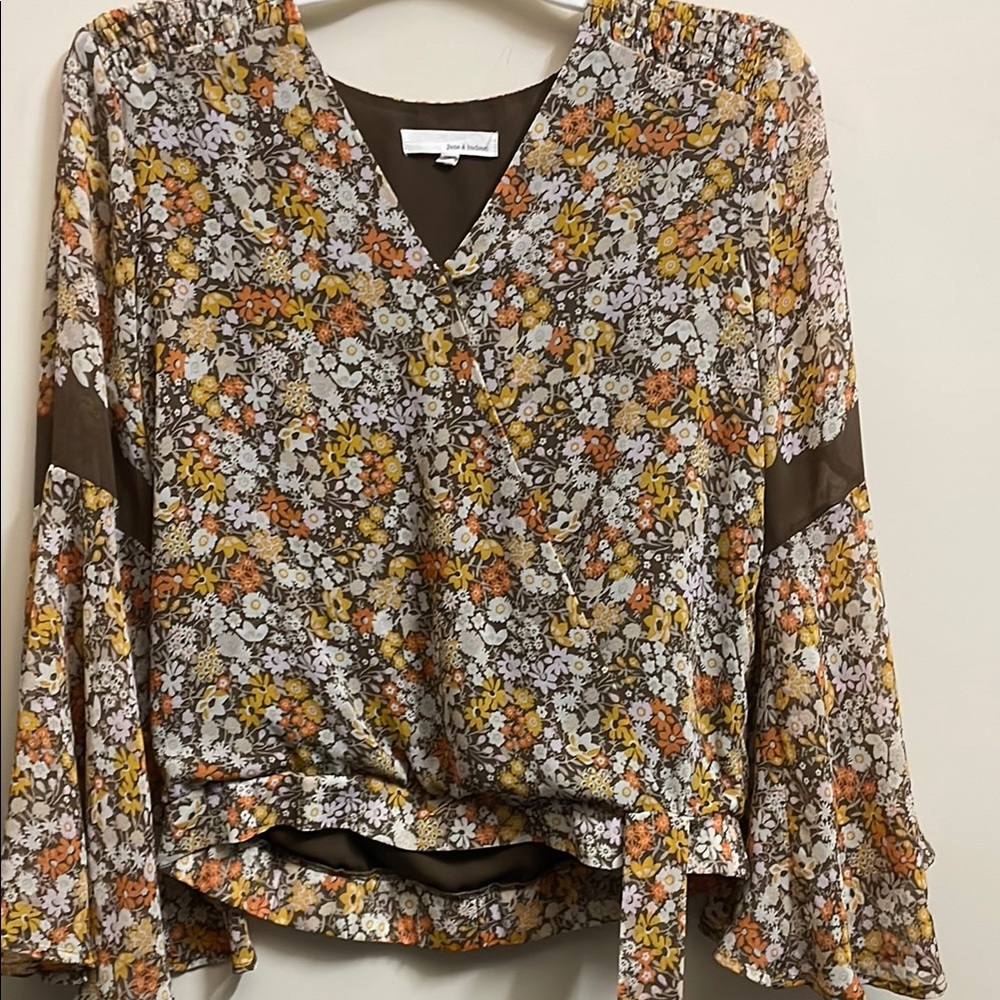 Yellow Brown Wrap Tie Front Blouse